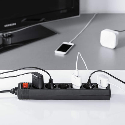 Hama Steckdosenleiste 6-fach (Mehrfachsteckdose mit Save Energy-Schalter zum Stromsparen, Steckplätze 45 Grad gedreht, Kabel 1,4m, GS geprüft, Mehrfachstecker für Home Ofiice) schwarz