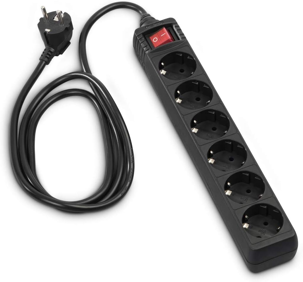 Hama Steckdosenleiste 6-fach (Mehrfachsteckdose mit Save Energy-Schalter zum Stromsparen, Steckplätze 45 Grad gedreht, Kabel 1,4m, GS geprüft, Mehrfachstecker für Home Ofiice) schwarz