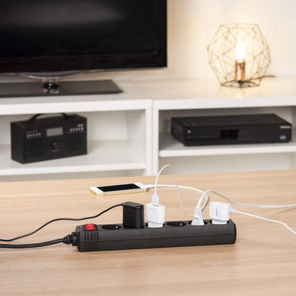 Hama Steckdosenleiste 6-fach (Mehrfachsteckdose mit Save Energy-Schalter zum Stromsparen, Steckplätze 45 Grad gedreht, Kabel 1,4m, GS geprüft, Mehrfachstecker für Home Ofiice) schwarz