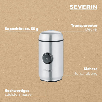 Severin Coffee and Spice Grinder with 180 W of Power KM 3879, Brushed Stainless-Steel/Black