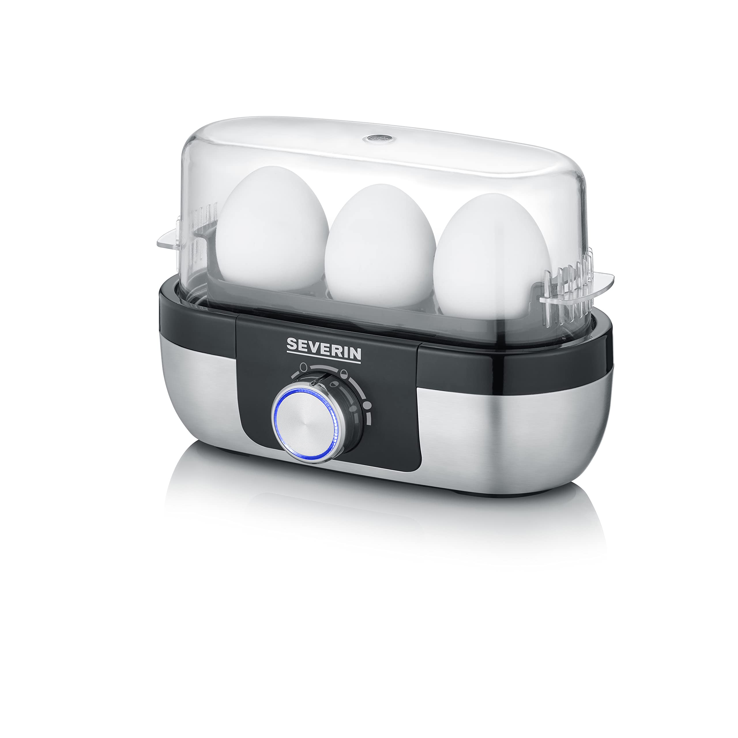 SEVERIN Cuecehuevos con Control de Tiempo de Cocción, 270 W, Capacidad de hasta 3 Huevos, Acero Inoxidable Cepillado/Negro EK 3163