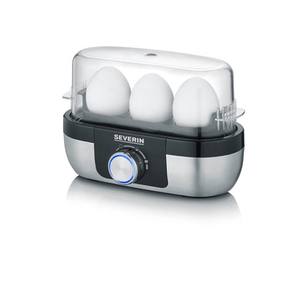 SEVERIN Cuecehuevos con Control de Tiempo de Cocción, 270 W, Capacidad de hasta 3 Huevos, Acero Inoxidable Cepillado/Negro EK 3163