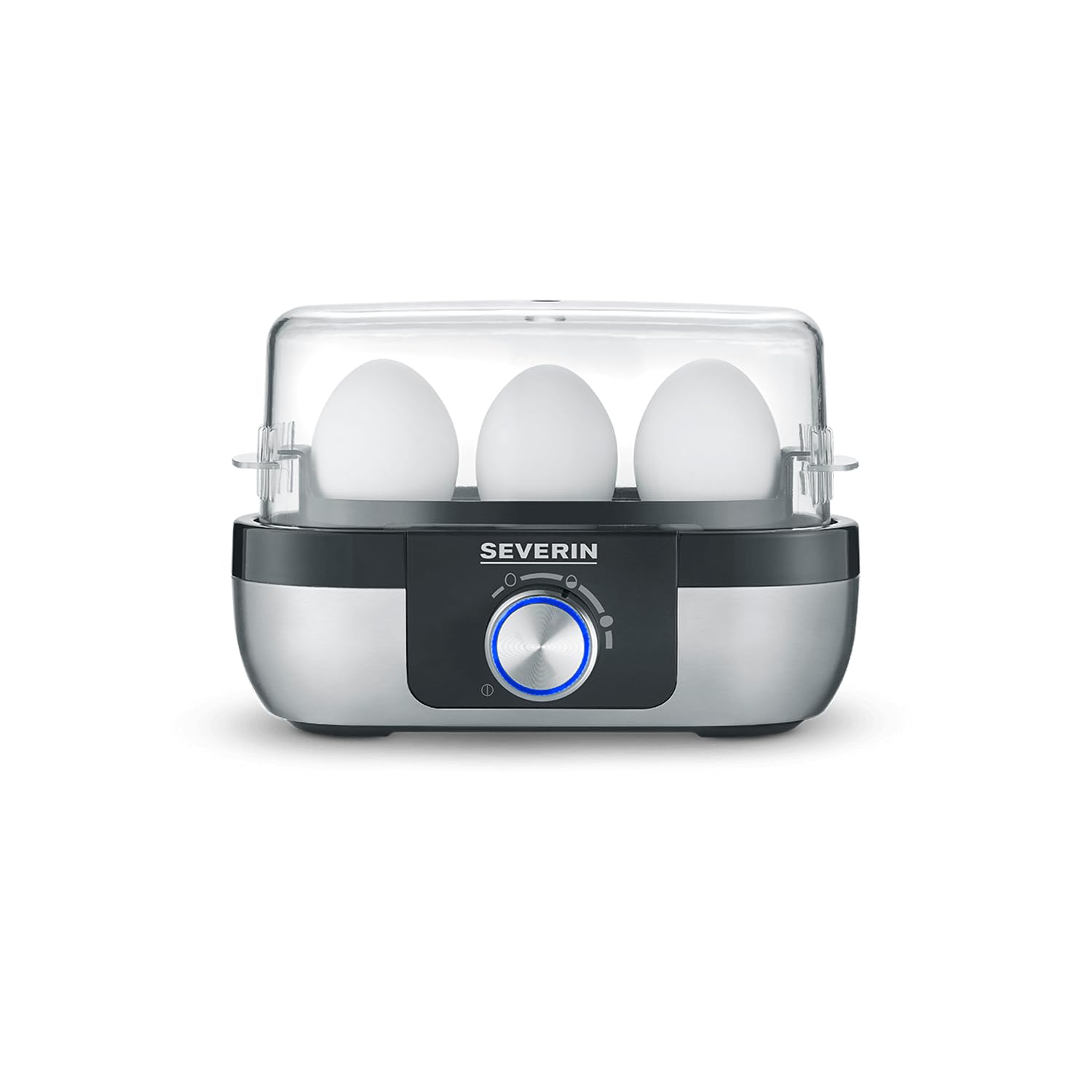 SEVERIN Cuecehuevos con Control de Tiempo de Cocción, 270 W, Capacidad de hasta 3 Huevos, Acero Inoxidable Cepillado/Negro EK 3163