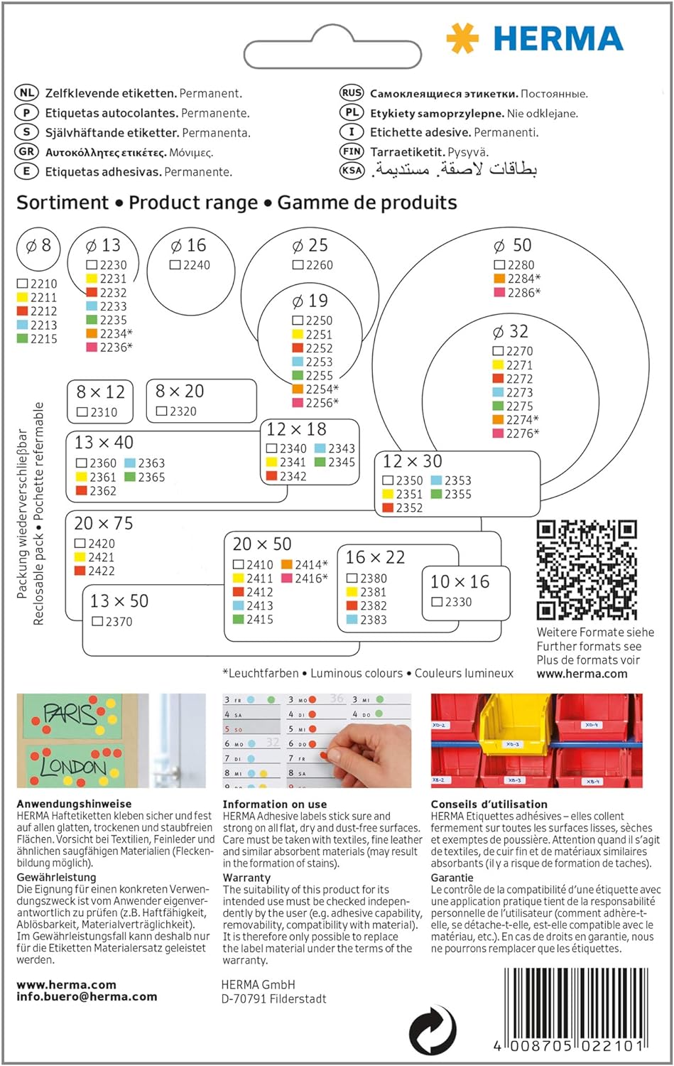 HERMA 2210 Multi-purpose labels/colour dots Ø 8 mm round white paper matt hand inscription 5632 pcs.