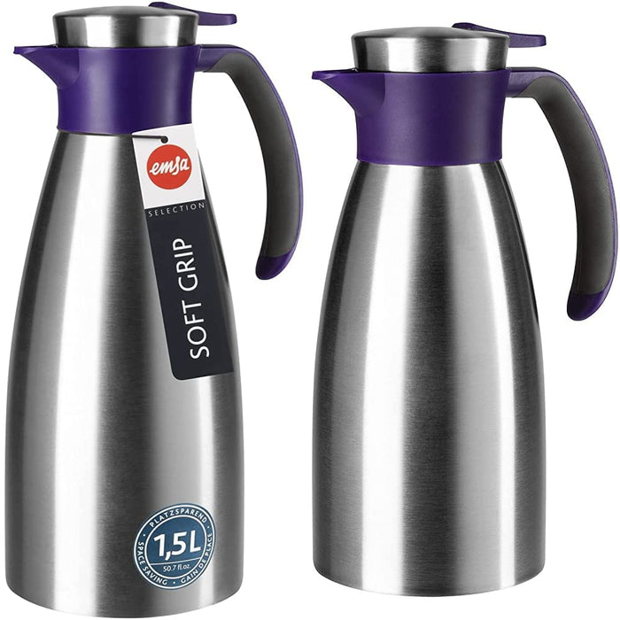 Emsa 514500 Isolierkanne | Edelstahl | 1.5 Liter | Quick Tip Verschluss | 100% dicht | Brombeer | Soft Grip & 512577 Isolierkanne |Edelstahl | 1 Liter | Quick Tip Verschluss |100% dicht