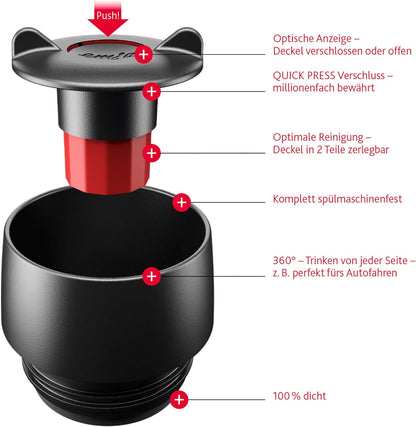 Emsa 515615 Travel Mug Large insulated drinking cup with Quick Press closure, 0.5 litres, black