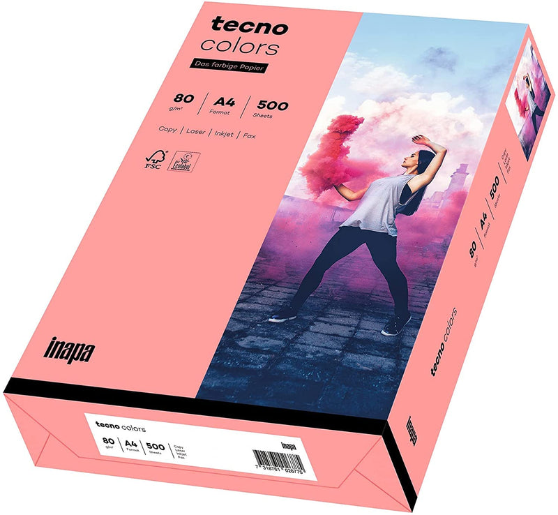 inapa Coloured Printer Paper, Tecno Colours: 80 g/m², A4, 500 Sheets, Pink A4 - 500 sheets 80g / m² pink