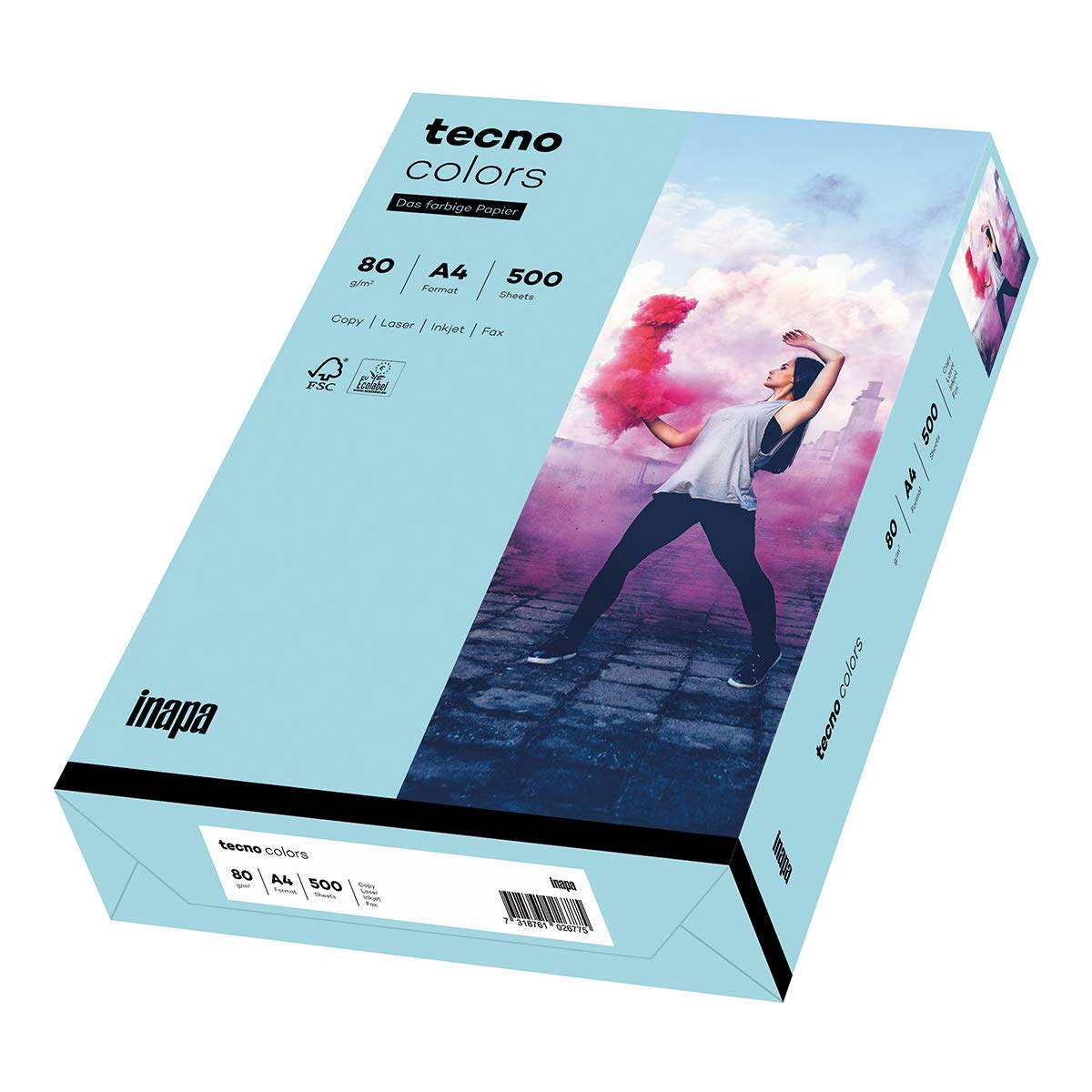 inapa Coloured Printer Paper, Tecno Colours: 80 g/m², A4, 500 Sheets, Medium Blue mid-blue 80g / m²