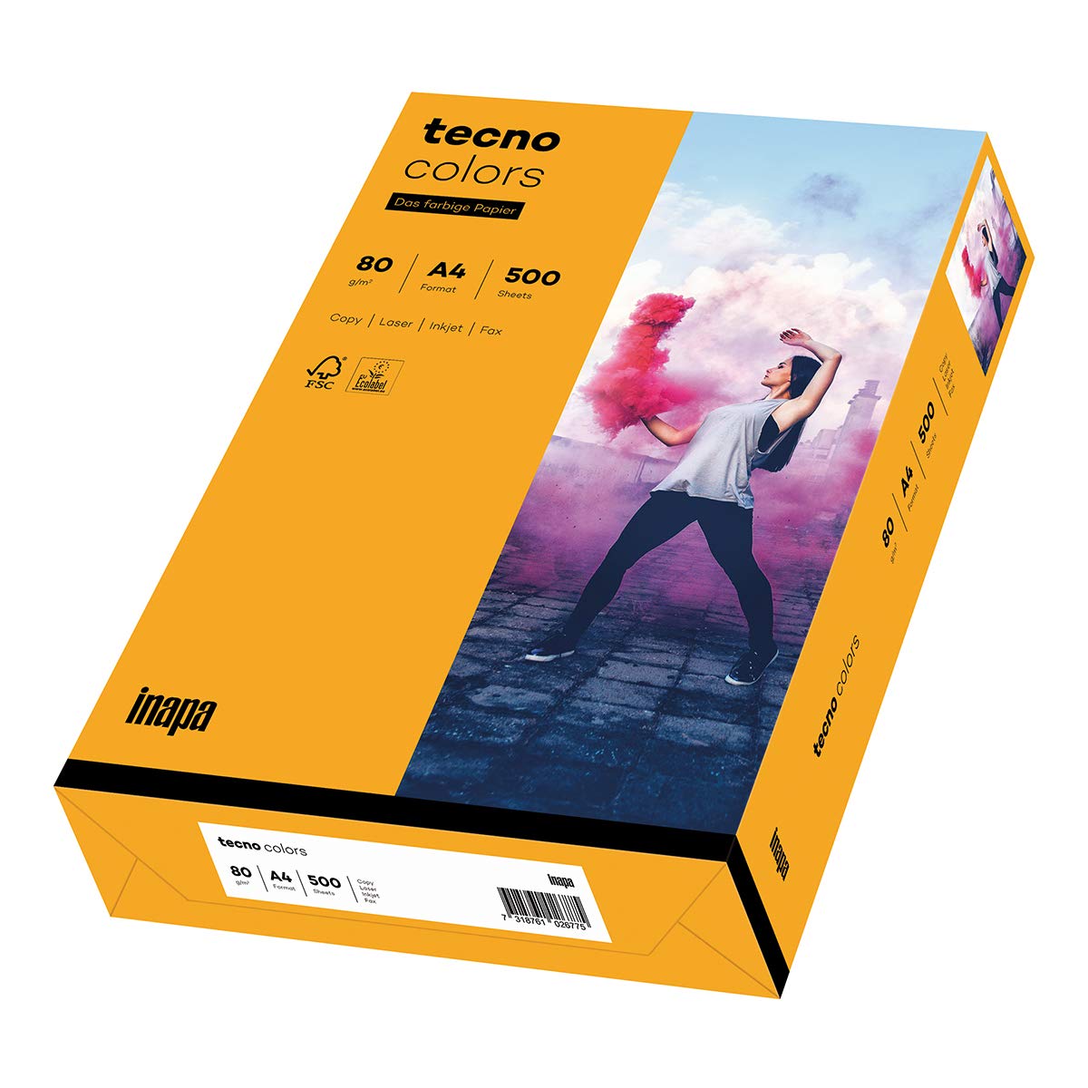 inapa Coloured Printer Paper, Tecno Colours: 80 g/m², A4, 500 Sheets, Medium Orange A4 - 500 sheets 80g / m² Medium Orange