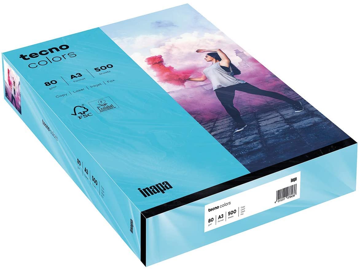 inapa Coloured Printer Paper, Tecno Colours: 80 g/m², A3, 500 Sheets, Blue A3 - 500 sheets 80g / m² blue