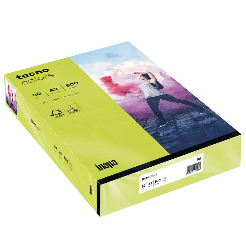 inapa Coloured Printer Paper Tecno Colours 80 g/m² A3 500 Sheets Bright Green A3 - 500 sheets 80g / m² Bright green
