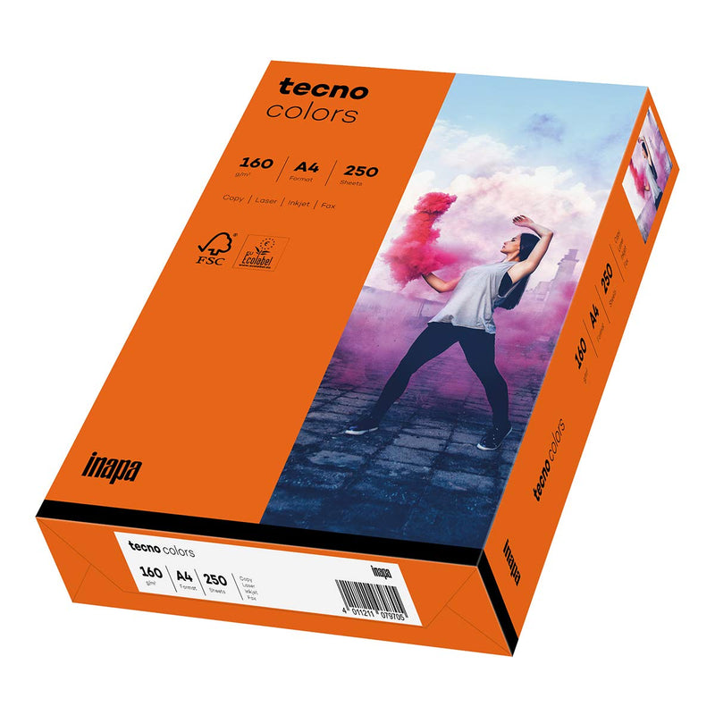 inapa Coloured Printer Paper, Tecno Colours: 160 g/m², A4, 250 Sheets, Intense Orange Intense advance 160g / m²
