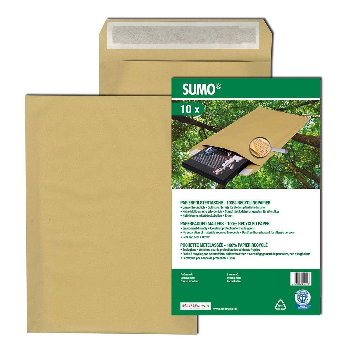 Mailmedia 30002311 Padded Paper Envelopes SUMO Inner Dimensions 175 x 265 mm Outer Dimensions 195 x 265 mm Brown Pack of 10
