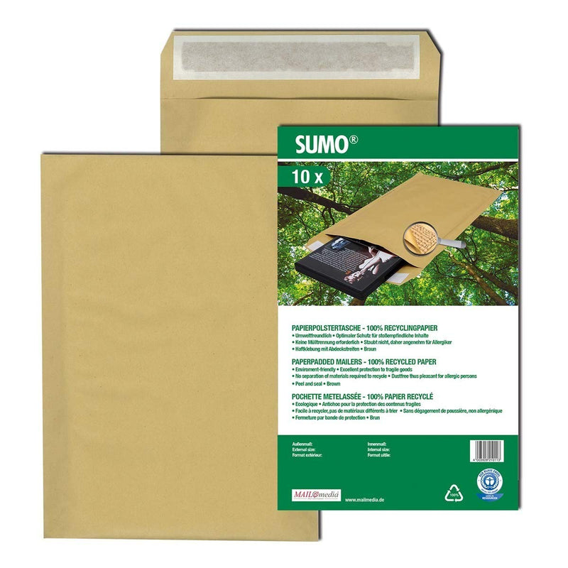 Mailmedia 30002311 Padded Paper Envelopes SUMO Inner Dimensions 175 x 265 mm Outer Dimensions 195 x 265 mm Brown Pack of 10