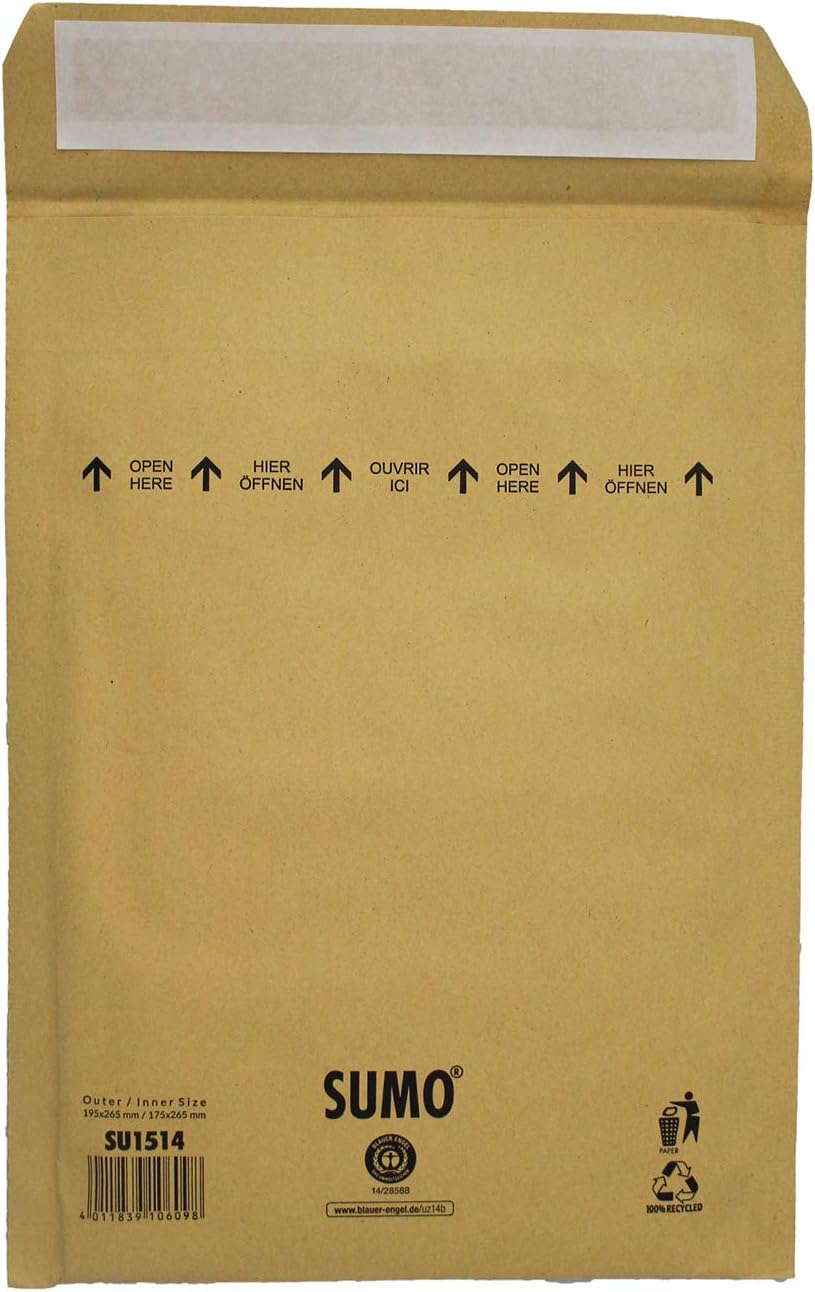 Mailmedia 30002311 Padded Paper Envelopes SUMO Inner Dimensions 175 x 265 mm Outer Dimensions 195 x 265 mm Brown Pack of 10