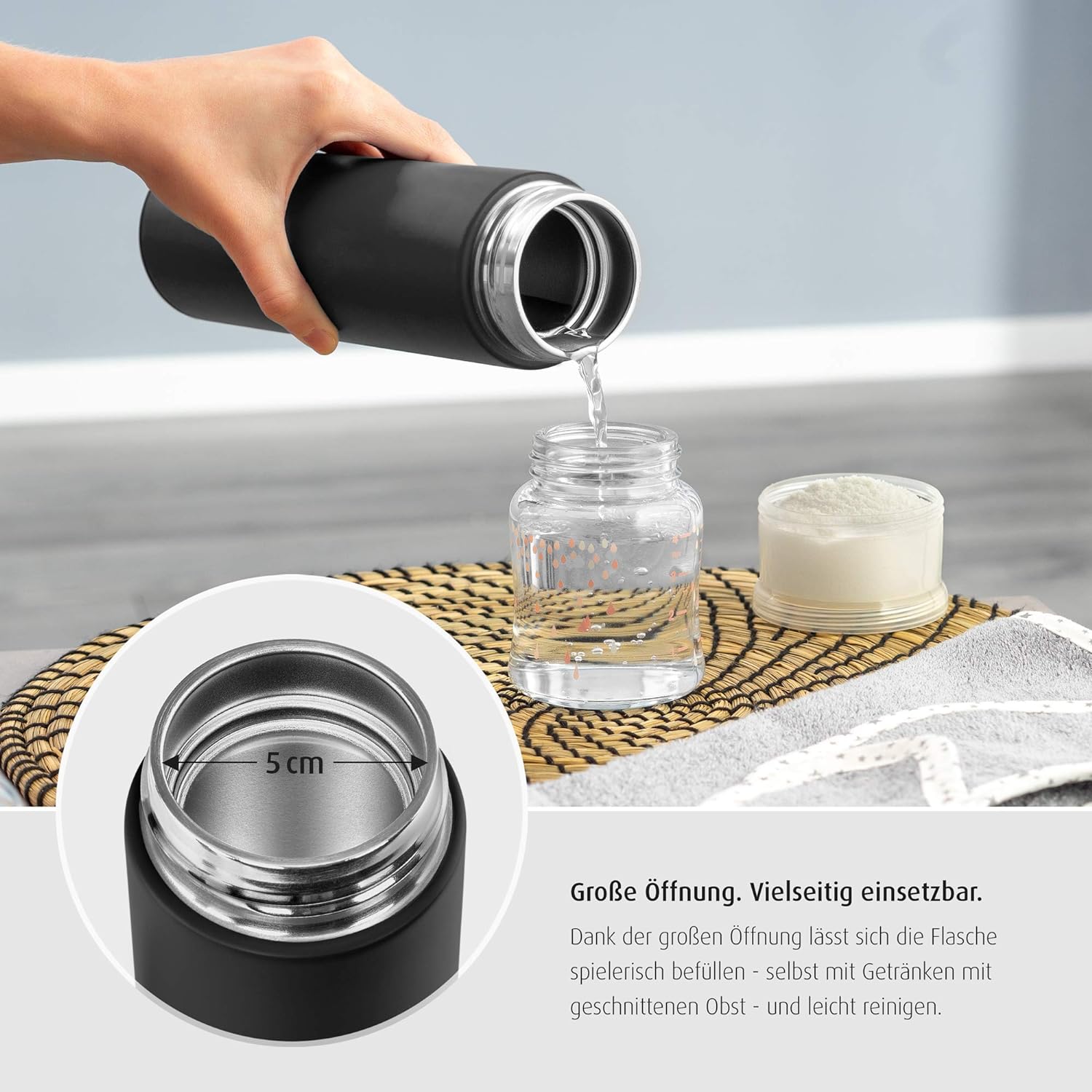 reer ColourDESIGN Stainless Steel Insulated Bottle 450ml - Small, Handy, Ideal for Baby, Black