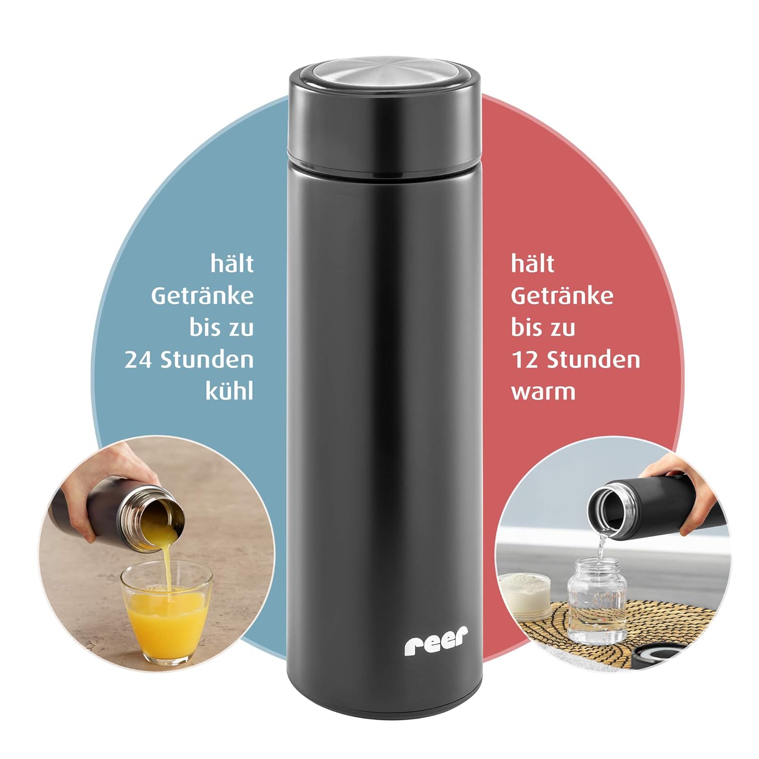 reer ColourDESIGN Stainless Steel Insulated Bottle 450ml - Small, Handy, Ideal for Baby, Black