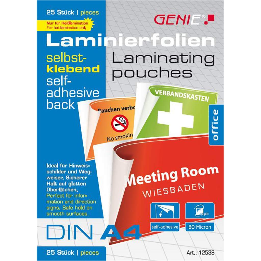 Genie 12538 DIN A4 Laminating Pouches with self-Adhesive Backing, Glossy, Transparent, Film Thickness 80 Micron, Suitable for All hot laminators, Pack of 25