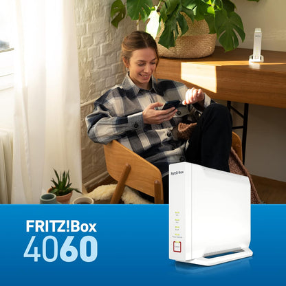AVM FRITZ!Box 4060 (Wi-Fi 6 Mesh Router, up to 4,800 Mbps (5 GHz) & 1,200 Mbps (2.4 GHz), 3 x Gigabit LAN, DECT Base, USB 3.0, German Version Single