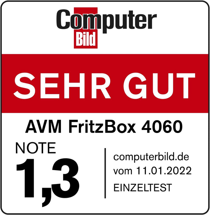 AVM FRITZ!Box 4060 (Wi-Fi 6 Mesh Router, up to 4,800 Mbps (5 GHz) & 1,200 Mbps (2.4 GHz), 3 x Gigabit LAN, DECT Base, USB 3.0, German Version Single