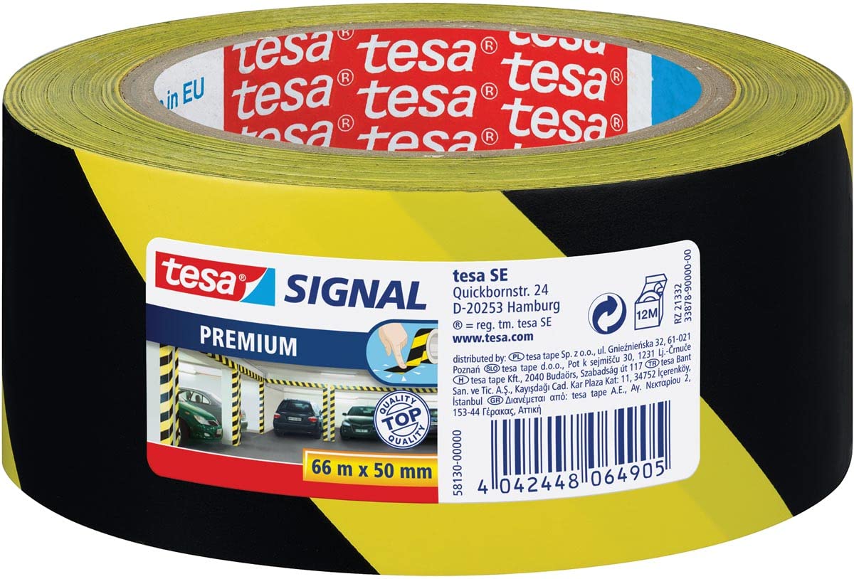 tesa® Signal Premium Adhesive Marking and Warning Tape - Permanent Hazardous Area Marking and Signage - Robust PVC - Black / Yellow - 66 m x 50 mm Yellow/Black 66m:50mm Single