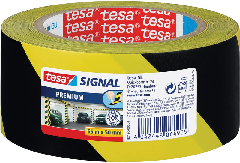 tesa® Signal Premium Adhesive Marking and Warning Tape - Permanent Hazardous Area Marking and Signage - Robust PVC - Black / Yellow - 66 m x 50 mm Yellow/Black 66m:50mm Single
