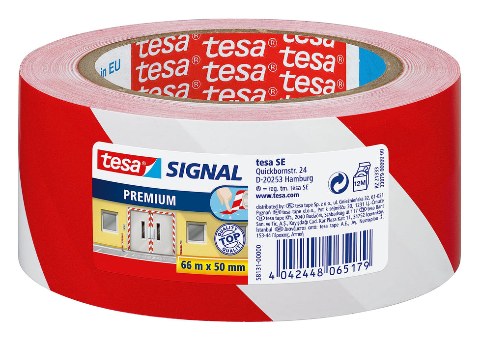tesa® Signal Premium Adhesive Marking and Warning Tape - Permanent Hazardous Area Marking and Signage - Robust PVC - Red / White - 66 m x 50 mm