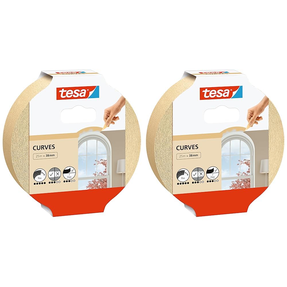 tesa Masking Tape Curves - Curved tape with extra strong crepe for masking curves and irregular shapes - for rough and smooth surfaces - 25 mx 38 mm (Pack of 2