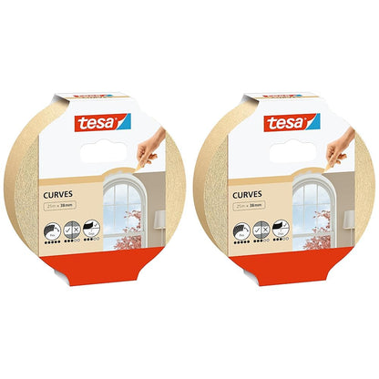 tesa Masking Tape Curves - Curved tape with extra strong crepe for masking curves and irregular shapes - for rough and smooth surfaces - 25 mx 38 mm (Pack of 2