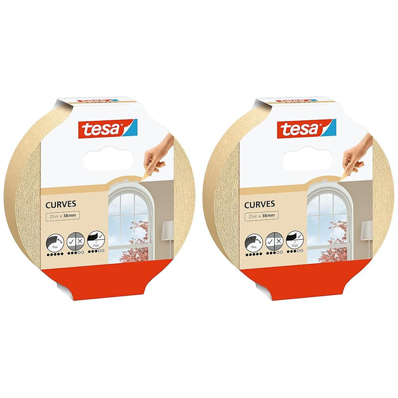 tesa Masking Tape Curves - Curved tape with extra strong crepe for masking curves and irregular shapes - for rough and smooth surfaces - 25 mx 38 mm (Pack of 2