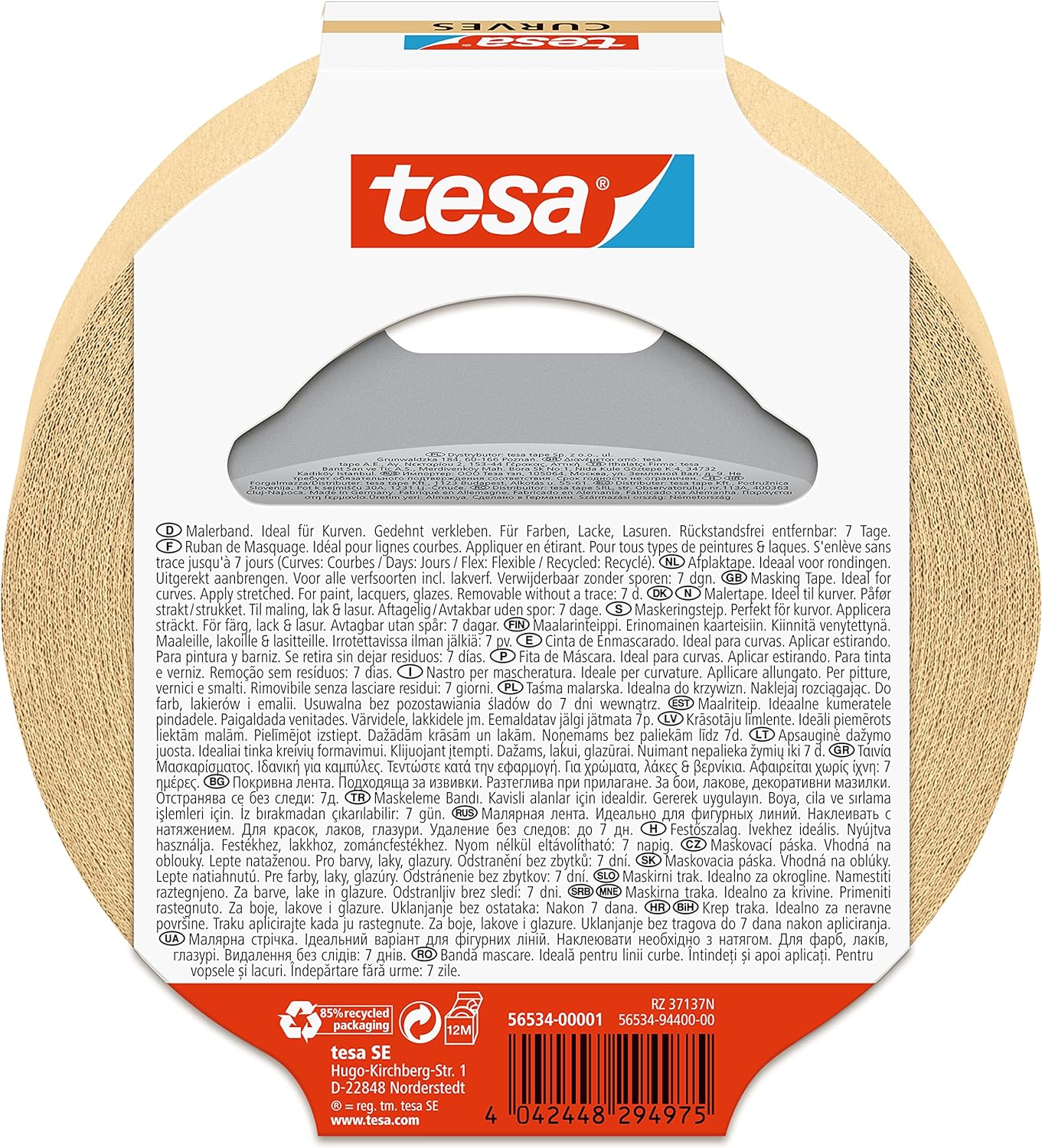 tesa Masking Tape Curves - Curved tape with extra strong crepe for masking curves and irregular shapes - for rough and smooth surfaces - 25 mx 38 mm (Pack of 2