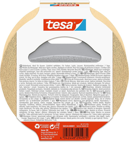 tesa Masking Tape Curves - Curved tape with extra strong crepe for masking curves and irregular shapes - for rough and smooth surfaces - 25 mx 38 mm (Pack of 2