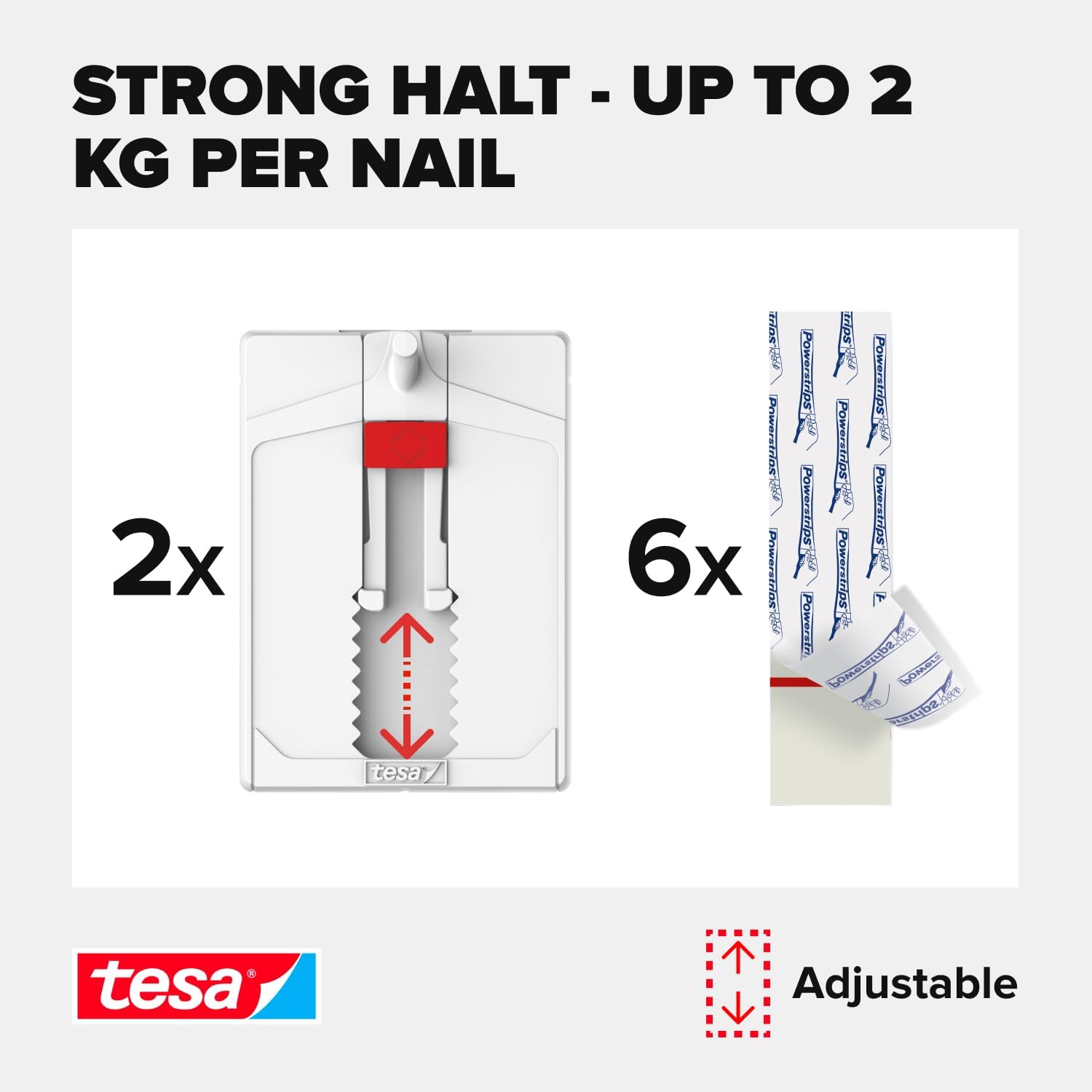 tesa Adjustable Adhesive Nail for Wallpaper and Plaster 2kg - Height Adjustable No Nails Picture Hanger - Pack of 2 Adhesive Nails and 6 Strips