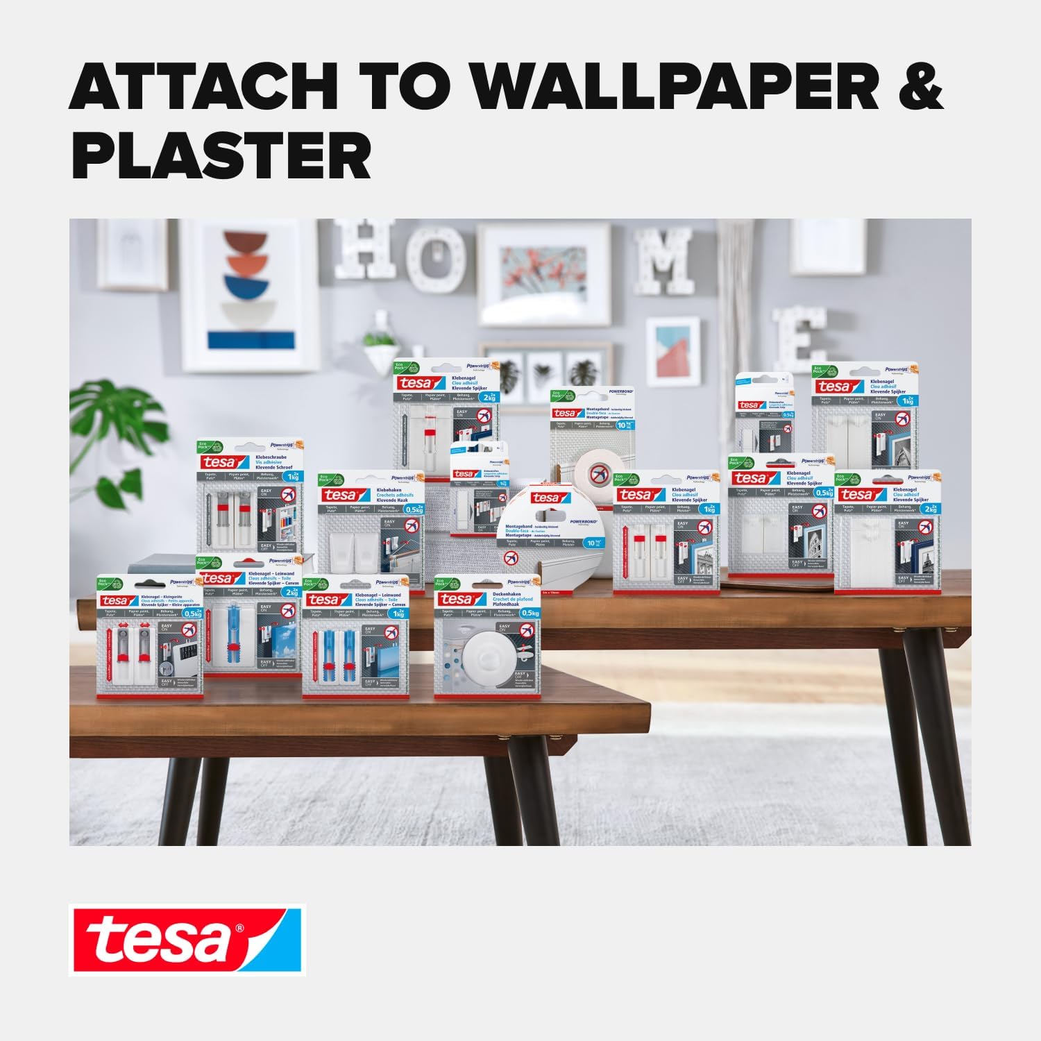 tesa Adjustable Adhesive Nail for Wallpaper and Plaster 2kg - Height Adjustable No Nails Picture Hanger - Pack of 2 Adhesive Nails and 6 Strips