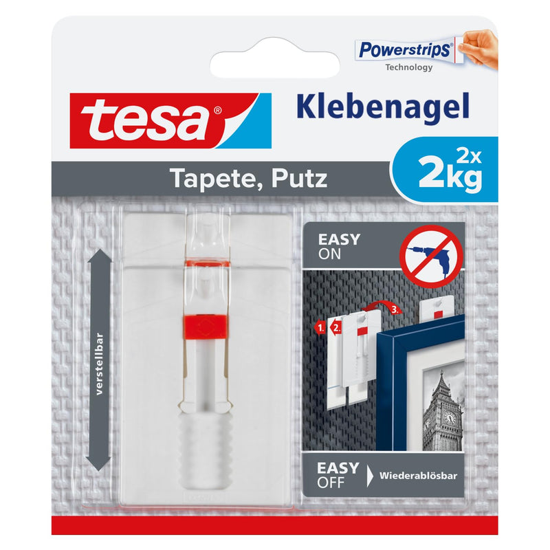tesa Adjustable Adhesive Nail for Wallpaper and Plaster 2kg - Height Adjustable No Nails Picture Hanger - Pack of 2 Adhesive Nails and 6 Strips