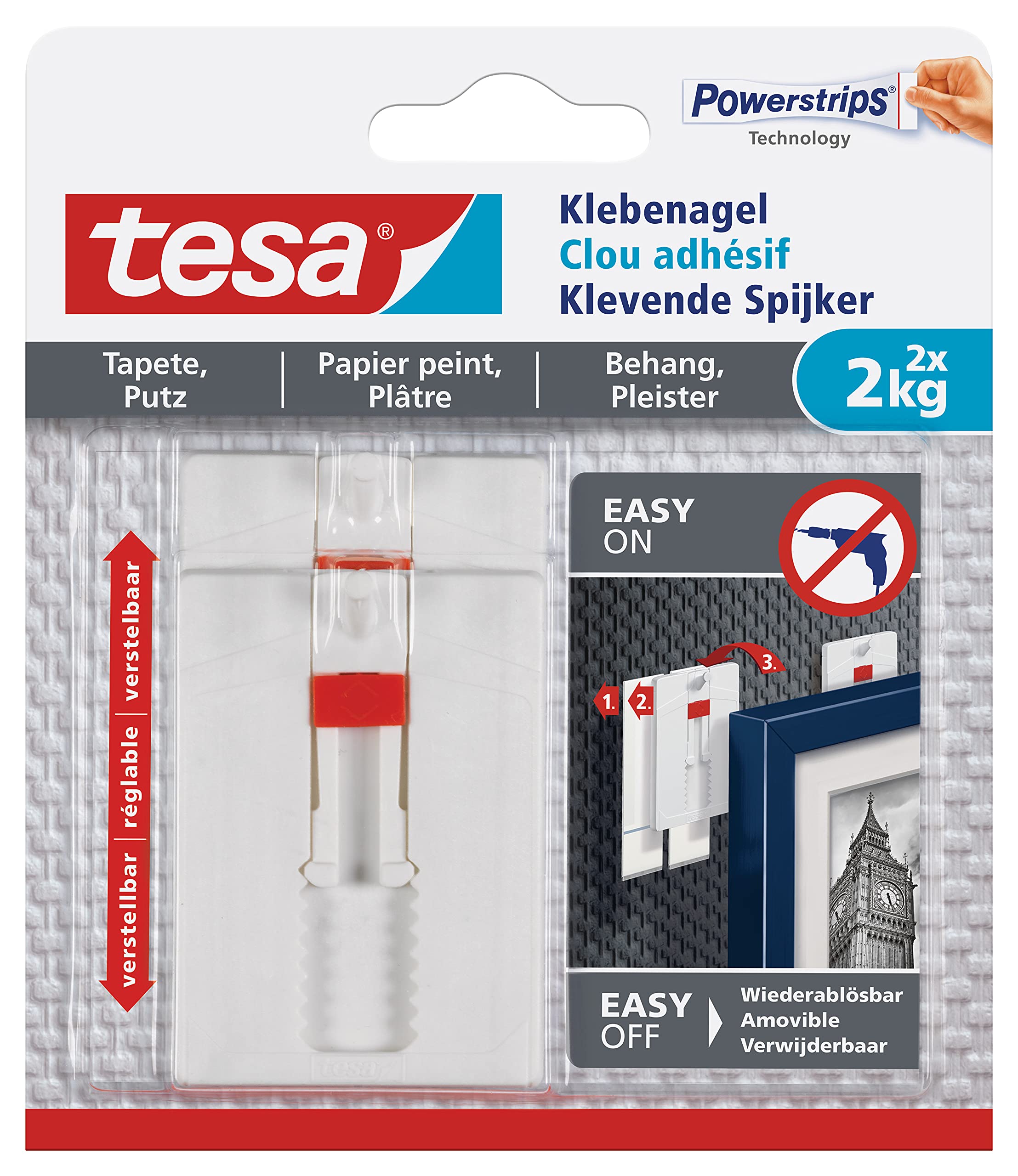 tesa Adjustable Adhesive Nail for Wallpaper and Plaster 2kg - Height Adjustable No Nails Picture Hanger - Pack of 2 Adhesive Nails and 6 Strips