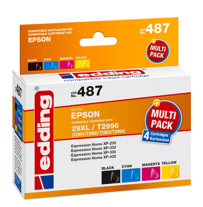 edding Druckerpatrone EDD-487 - Multipack 4 - Schwarz, Cyan, Magenta, Gelb - 1x 15 ml + 3x 8,5 ml - Reichweite 1x 665 3x 625 Seiten - Ersetzt Epson T29XL (T2991/92/93/94)