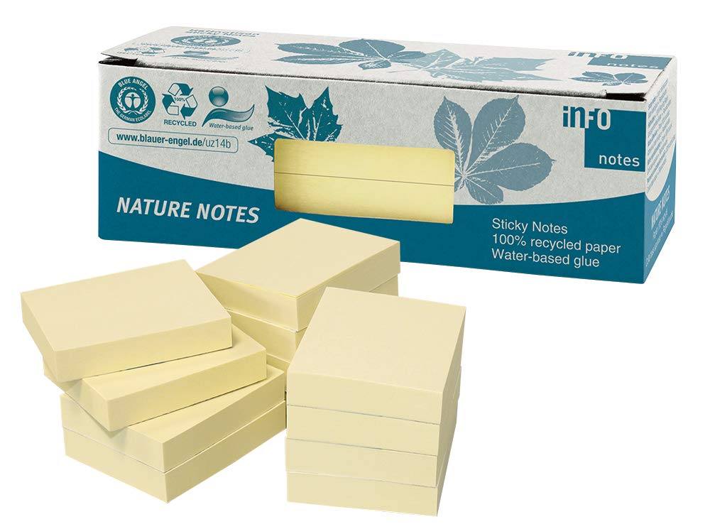 100% Recycled Sticky Notes Yellow 50 x 40 mm Blue Angel Certified 100 Sheets per Pad 12 Pads Packed in Recycled Box