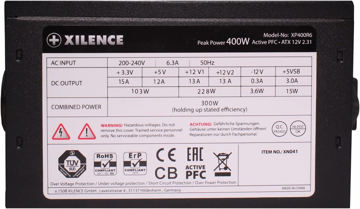 Xilence XP400R6 ATX PC Netzteil, 400W Peak Power, 1x 20+4PIN, 1x CPU 4PIN, 1x PCI-E 6PIN, 1x HDD, 3x SATA, leiser 120mm Lüfter, optimal für den Office/Home PC, bis zu 500mm Kabellänge, schwarz