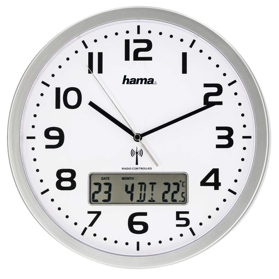 Hama Funk-Wanduhr digital (große Funkuhr mit analoger Zeitanzeige, Wanduhr mit digitaler Kalender- und Temperaturanzeige, inkl. Batterie) silber