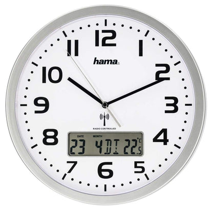 Hama Funk-Wanduhr digital (große Funkuhr mit analoger Zeitanzeige, Wanduhr mit digitaler Kalender- und Temperaturanzeige, inkl. Batterie) silber