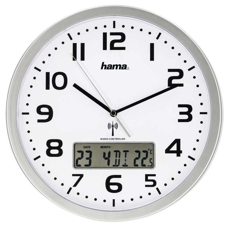 Hama Funk-Wanduhr digital (große Funkuhr mit analoger Zeitanzeige, Wanduhr mit digitaler Kalender- und Temperaturanzeige, inkl. Batterie) silber