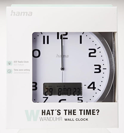 Hama Funk-Wanduhr digital (große Funkuhr mit analoger Zeitanzeige, Wanduhr mit digitaler Kalender- und Temperaturanzeige, inkl. Batterie) silber