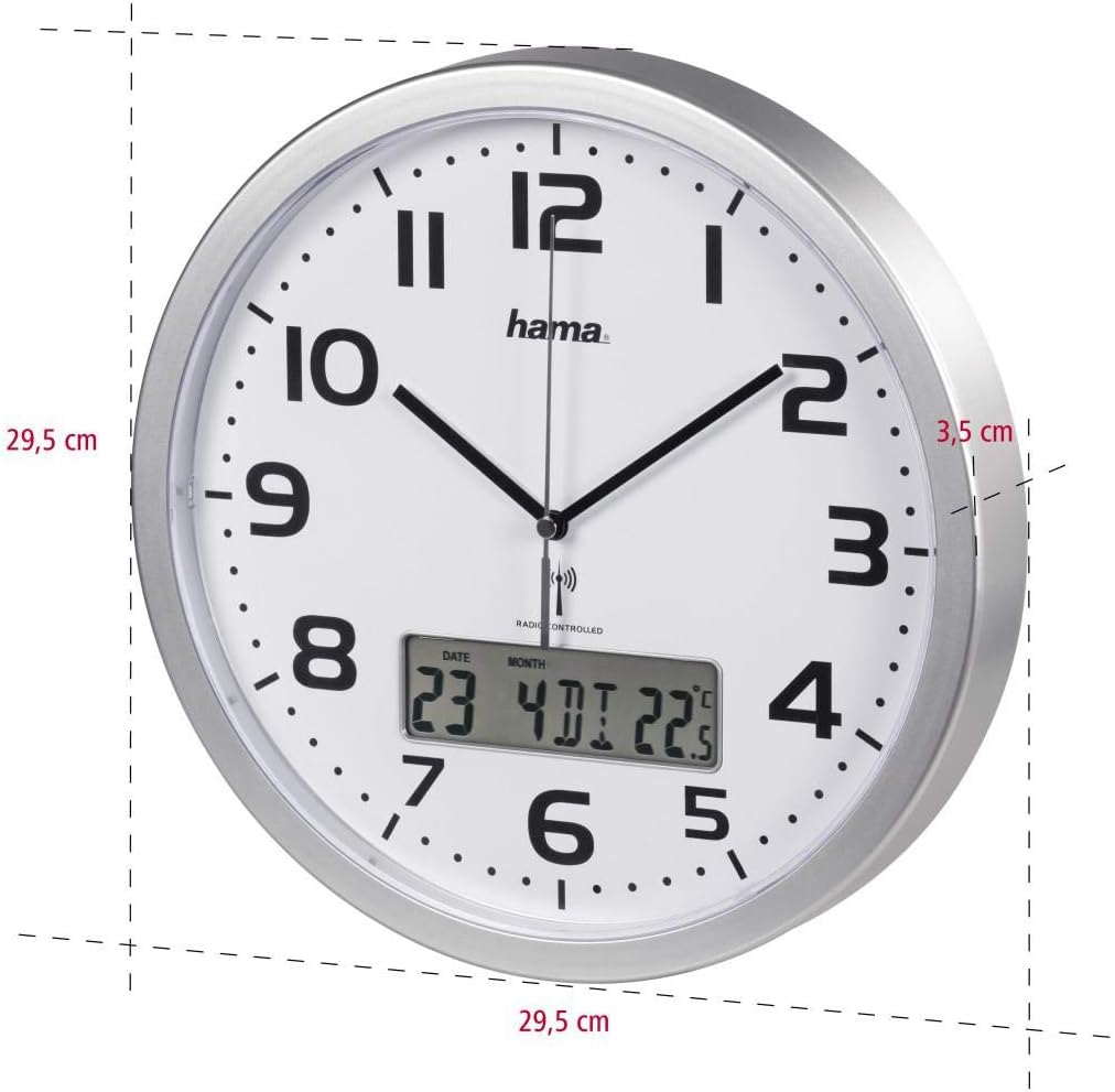 Hama Funk-Wanduhr digital (große Funkuhr mit analoger Zeitanzeige, Wanduhr mit digitaler Kalender- und Temperaturanzeige, inkl. Batterie) silber