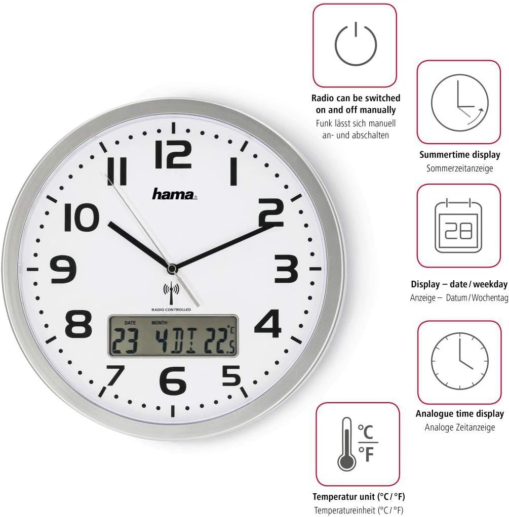 Hama Funk-Wanduhr digital (große Funkuhr mit analoger Zeitanzeige, Wanduhr mit digitaler Kalender- und Temperaturanzeige, inkl. Batterie) silber