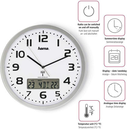 Hama Funk-Wanduhr digital (große Funkuhr mit analoger Zeitanzeige, Wanduhr mit digitaler Kalender- und Temperaturanzeige, inkl. Batterie) silber