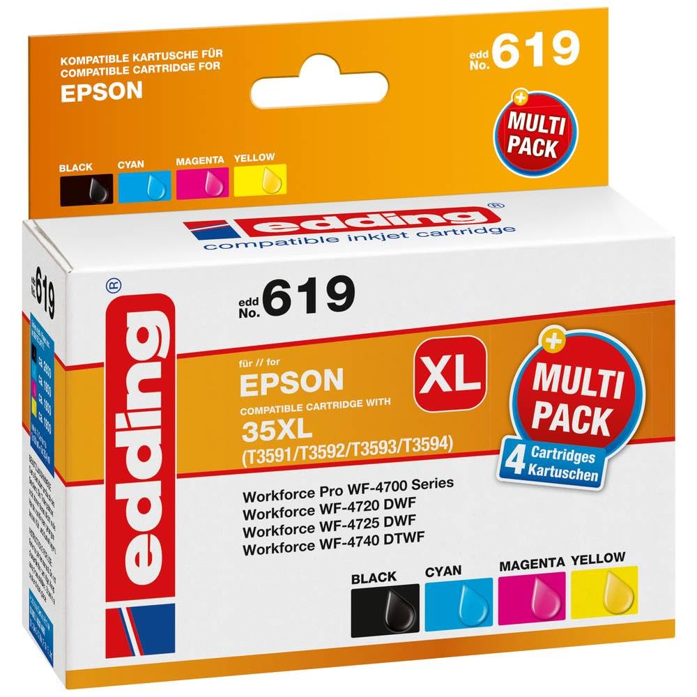 edding Druckerpatrone EDD-619 - Multipack 4 - Schwarz, Cyan, Magenta, Gelb - 1x 50 ml + 3x 25,4 ml - Reichweite 1x 2600 3x 1900 Seiten - Ersetzt Epson T35XL (T3591/92/93/94)