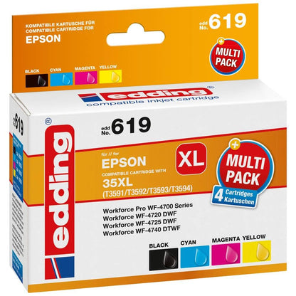 edding Druckerpatrone EDD-619 - Multipack 4 - Schwarz, Cyan, Magenta, Gelb - 1x 50 ml + 3x 25,4 ml - Reichweite 1x 2600 3x 1900 Seiten - Ersetzt Epson T35XL (T3591/92/93/94)