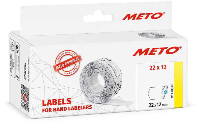 Meto etiquetas para etiquetadoras manuales (22x12 mm, 1 línea, blanco, 6000 unidades, adherencia permanente multifunción - congelación, para Meto, Contact, Sato, Avery, Tovel, Samark, etc.