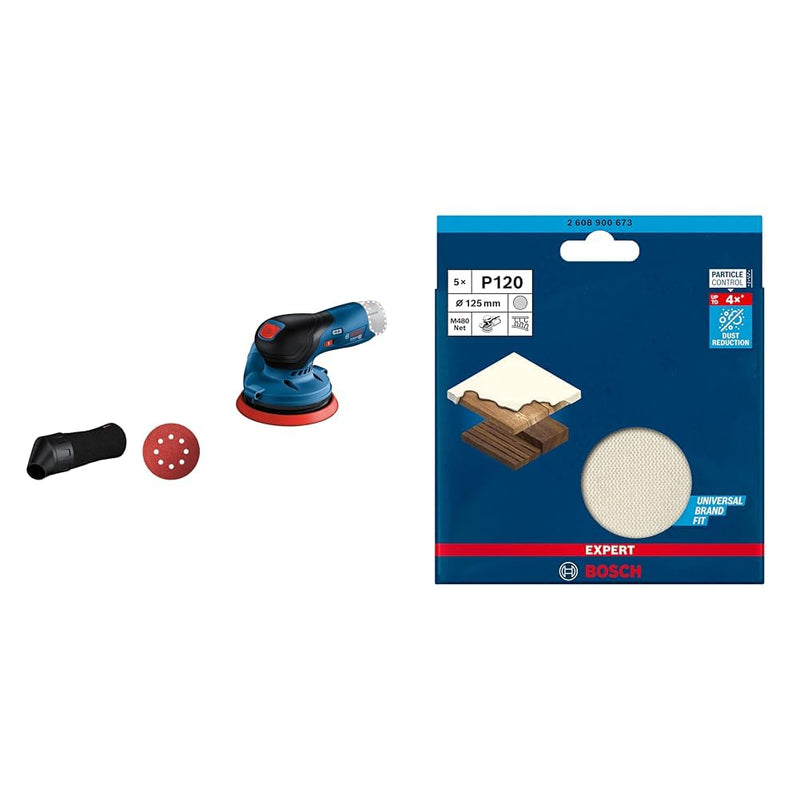 Bosch Professional Exzenterschleifer GEX 12V-125 (inkl. Schleifteller (125 mm)) + 5x Expert M480 Schleifnetz (für Hartholz, Farbe auf Holz, Ø 125 mm, Körnung 120, Zubehör) GEX 12V-125 + 5x Expert M480